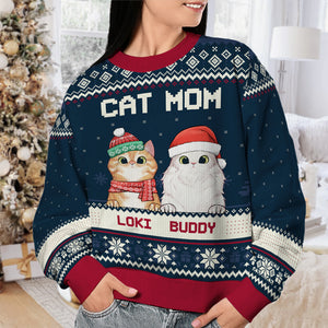 Sweat-shirt personnalisé « Chat de Noël » avec inscription « Maman et papa » - Pull en laine unisexe - Cadeau de Noël pour les propriétaires et les amoureux des animaux