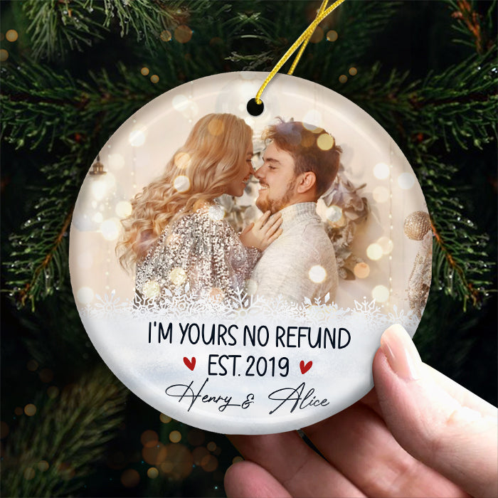 Je suis à toi, pas de remboursement - Décoration de Noël personnalisée en céramique ronde avec photo - Télécharger une image, cadeau pour couple, mari et femme, anniversaire, fiançailles, mariage, cadeau de mariage, cadeau de Noël