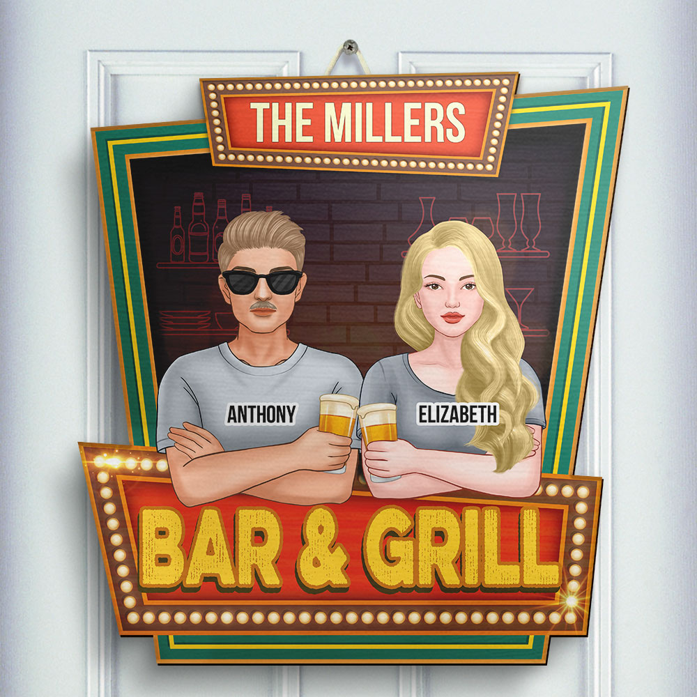 Bar familial : couple buvant – Cadeau pour couple, mari et femme, panneau en bois personnalisé