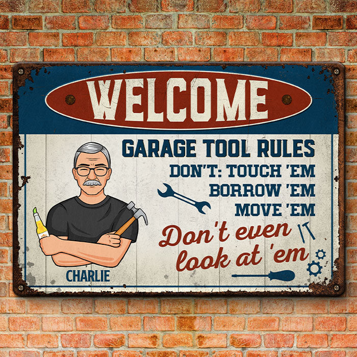 Bienvenue, règles de l'outil de garage - Plaque en métal personnalisée pour la décoration intérieure de la famille - Cadeau de pendaison de crémaillère pour la fête des pères