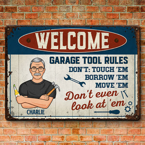 Bienvenue, règles de l'outil de garage - Plaque en métal personnalisée pour la décoration intérieure de la famille - Cadeau de pendaison de crémaillère pour la fête des pères