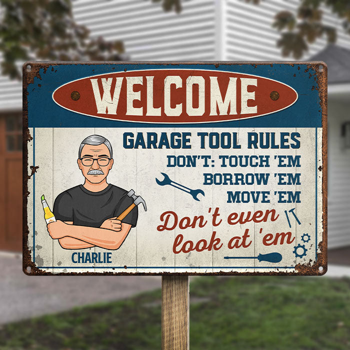 Bienvenue, règles de l'outil de garage - Plaque en métal personnalisée pour la décoration intérieure de la famille - Cadeau de pendaison de crémaillère pour la fête des pères