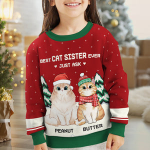 Meilleurs frères et sœurs félins de tous les temps - Sweat-shirt de Noël unisexe personnalisé et moche, sweat-shirt en laine, sweat-shirt imprimé intégral - Cadeau pour les amoureux des chats, les amoureux des animaux, cadeau de Noël