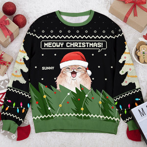 Sweat-shirt personnalisé « Chat Meowy Christmas » - Pull unisexe en laine - Cadeau de Noël pour les propriétaires et les amoureux des animaux