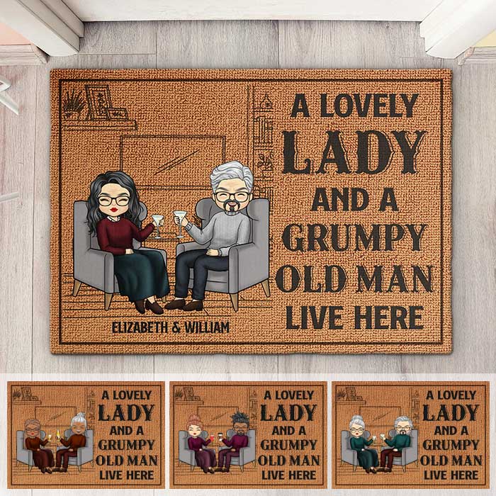 Une charmante dame et un vieil homme grincheux - Tapis décoratif personnalisé - Cadeau pour couple, mari et femme