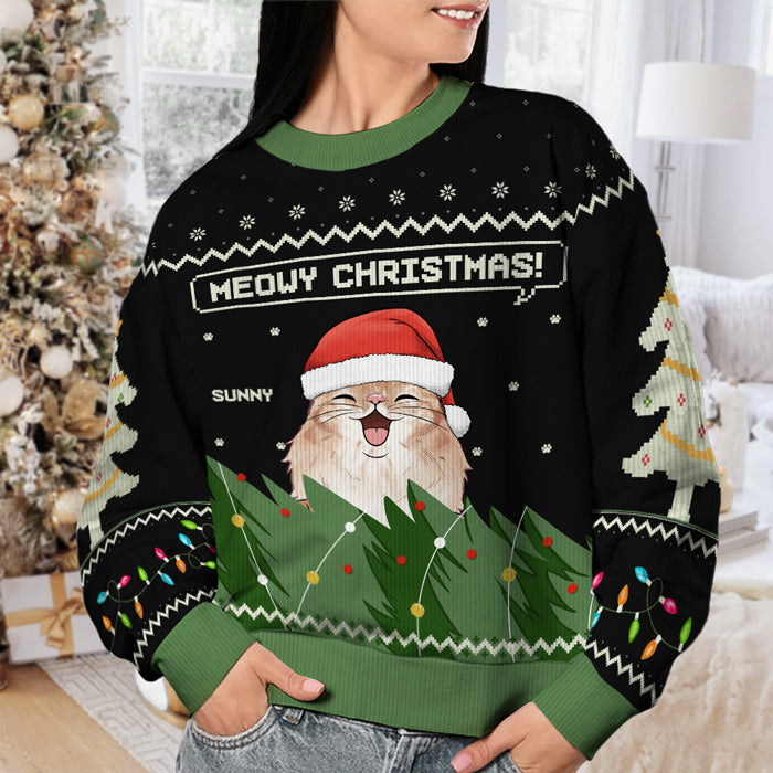 Sweat-shirt personnalisé « Chat Meowy Christmas » - Pull unisexe en laine - Cadeau de Noël pour les propriétaires et les amoureux des animaux