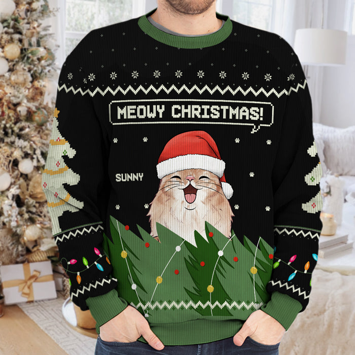 Sweat-shirt personnalisé « Chat Meowy Christmas » - Pull unisexe en laine - Cadeau de Noël pour les propriétaires et les amoureux des animaux