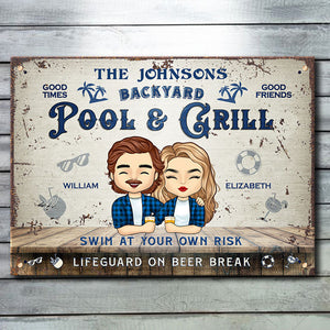Piscine et barbecue dans le jardin - Nagez à vos risques et périls, et sauveteur en pause bière - Cadeau pour couple, mari et femme, plaque en métal personnalisée