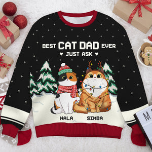 Meilleur papa chat de tous les temps, demandez-le simplement ! Sweat-shirt de Noël unisexe personnalisé, en laine, imprimé intégral - Cadeau pour les amoureux des chats, les amoureux des animaux, cadeau de Noël.