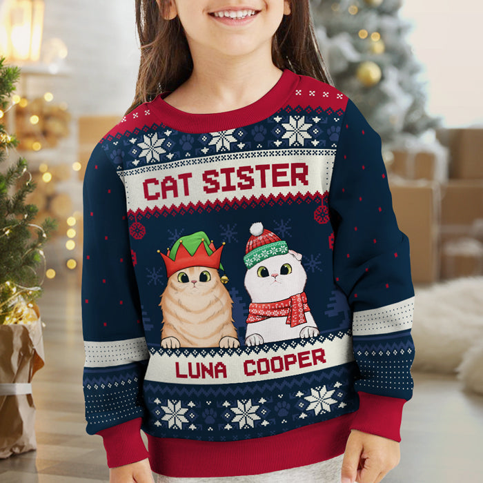 Joyeux Noël, Frère Chat, Sœur Chat - Sweat-shirt de Noël unisexe personnalisé, sweat-shirt en laine, sweat-shirt imprimé intégral - Cadeau pour les amoureux des chats, les amoureux des animaux, cadeau de Noël