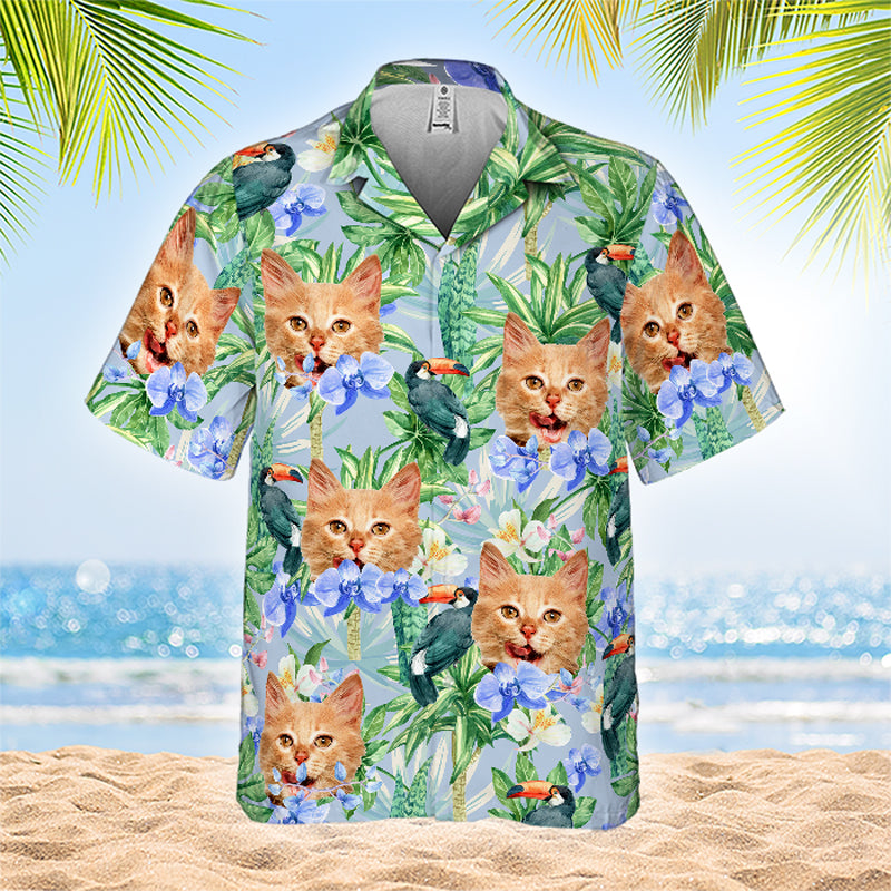 Motif oiseau tropical et fleurs - T-shirt hawaïen unisexe personnalisé pour chien et chat - Télécharger une image, visage de chien ou de chat - Cadeau vacances d'été, cadeau pour propriétaires d'animaux et amoureux des animaux