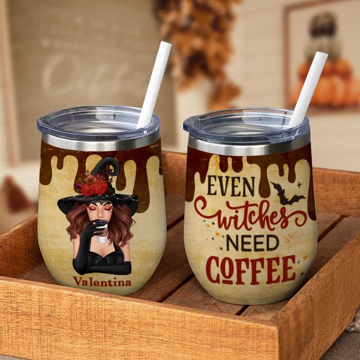 Même les sorcières ont besoin de café ! Verre à vin personnalisé ! Cadeau pour vous-même, cadeau d'Halloween 