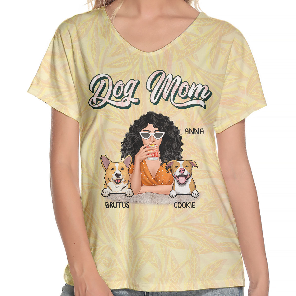 T-shirt col V personnalisé « Livin' That Dog Mom Life » – Cadeau pour les amoureux des animaux