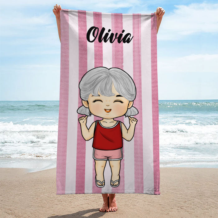 Vacances d'été en famille Chibi - Serviette de plage personnalisée - Cadeau pour la famille