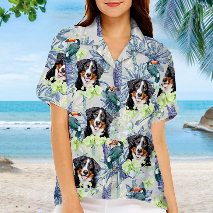 Motif oiseau tropical et fleurs - T-shirt hawaïen unisexe personnalisé pour chien et chat - Télécharger une image, visage de chien ou de chat - Cadeau vacances d'été, cadeau pour propriétaires d'animaux et amoureux des animaux