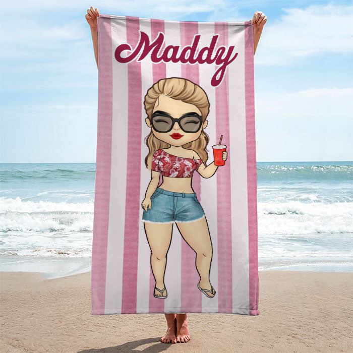 Serviette de plage personnalisée motif chibi à rayures - Cadeau pour meilleure amie