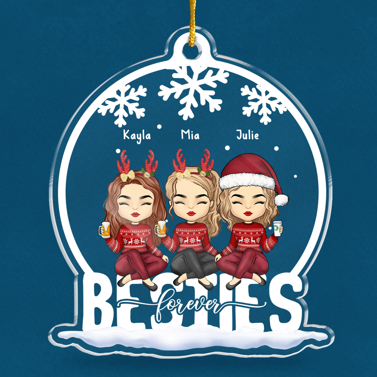 Besties Forever - Décoration personnalisée Bestie - Boule à neige en acrylique - Cadeau de Noël pour meilleures amies, meilleures amies, sœurs