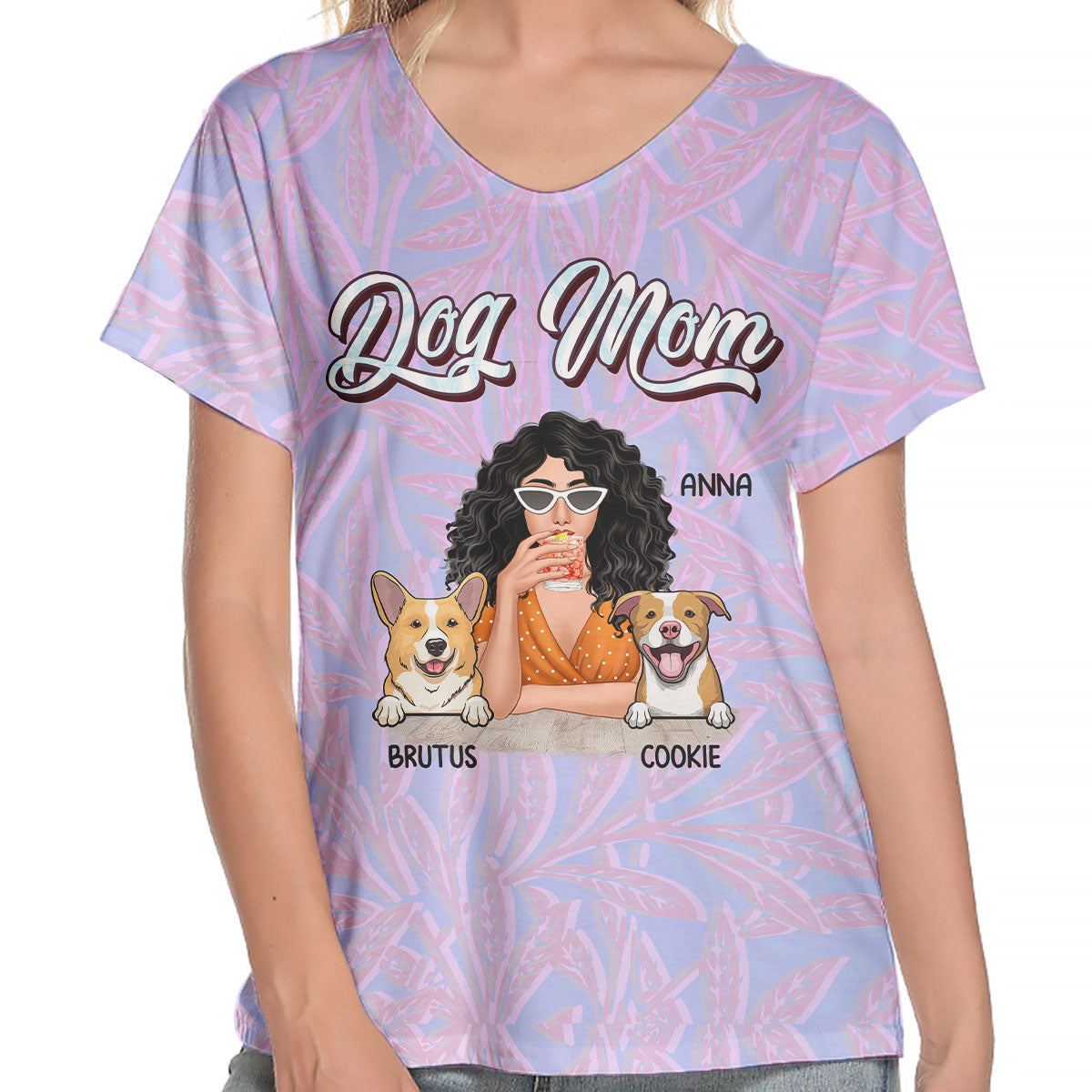 T-shirt col V personnalisé « Livin' That Dog Mom Life » – Cadeau pour les amoureux des animaux