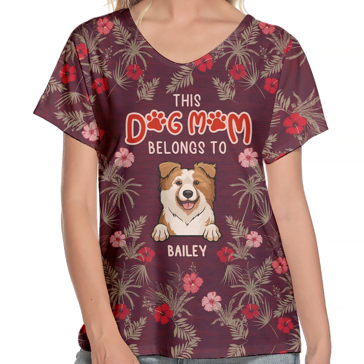 Cette maman chien appartient à - T-shirt col V personnalisé - Cadeau pour les amoureux des animaux