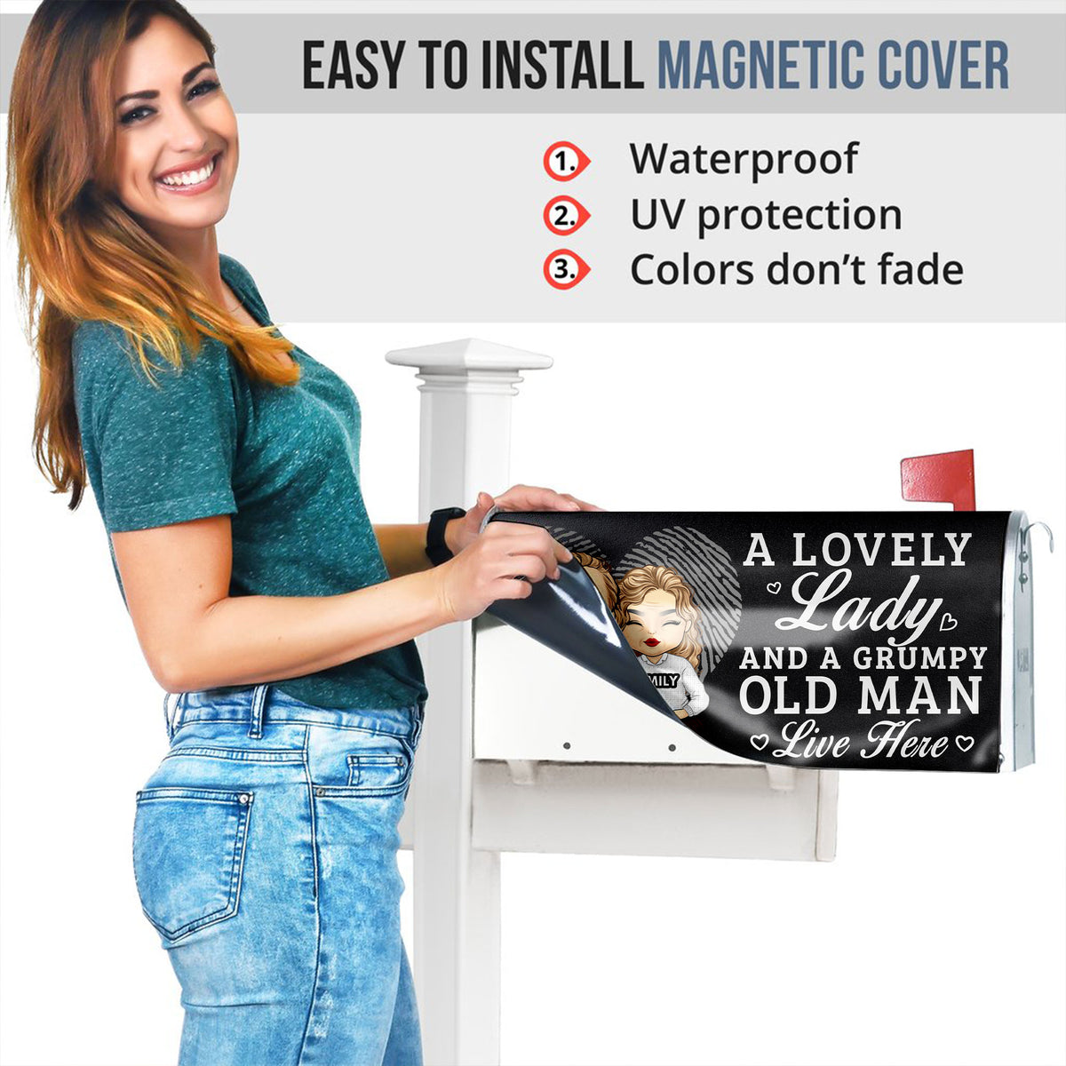 A Lovely Lady And A Grumpy Old Man Live Here - Personalized Magnetic Mailbox Cover