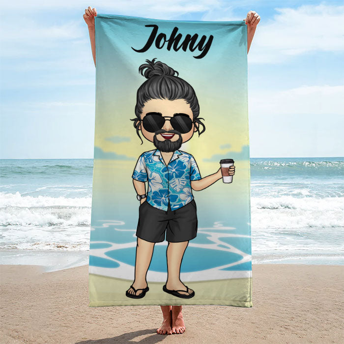 Serviette de plage personnalisée « Vacances d'été » pour couple chibi - Cadeau pour couple, mari et femme
