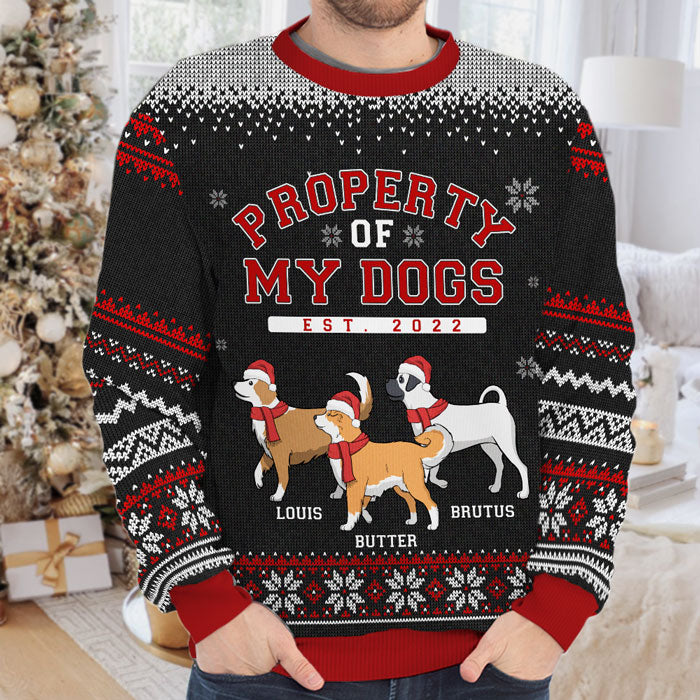 Propriété de mes chiens - Sweat-shirt de Noël unisexe personnalisé, en laine, imprimé intégral - Cadeau pour les amoureux des chiens, des animaux, de Noël