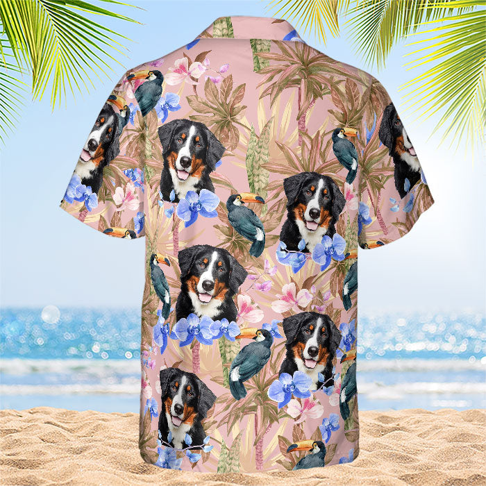 Motif oiseau tropical et fleurs - T-shirt hawaïen unisexe personnalisé pour chien et chat - Télécharger une image, visage de chien ou de chat - Cadeau vacances d'été, cadeau pour propriétaires d'animaux et amoureux des animaux