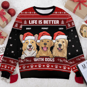 La vie est meilleure avec un chien - Sweat-shirt de Noël unisexe personnalisé, en laine, imprimé intégral - Cadeau pour les amoureux des chiens, des animaux, de Noël