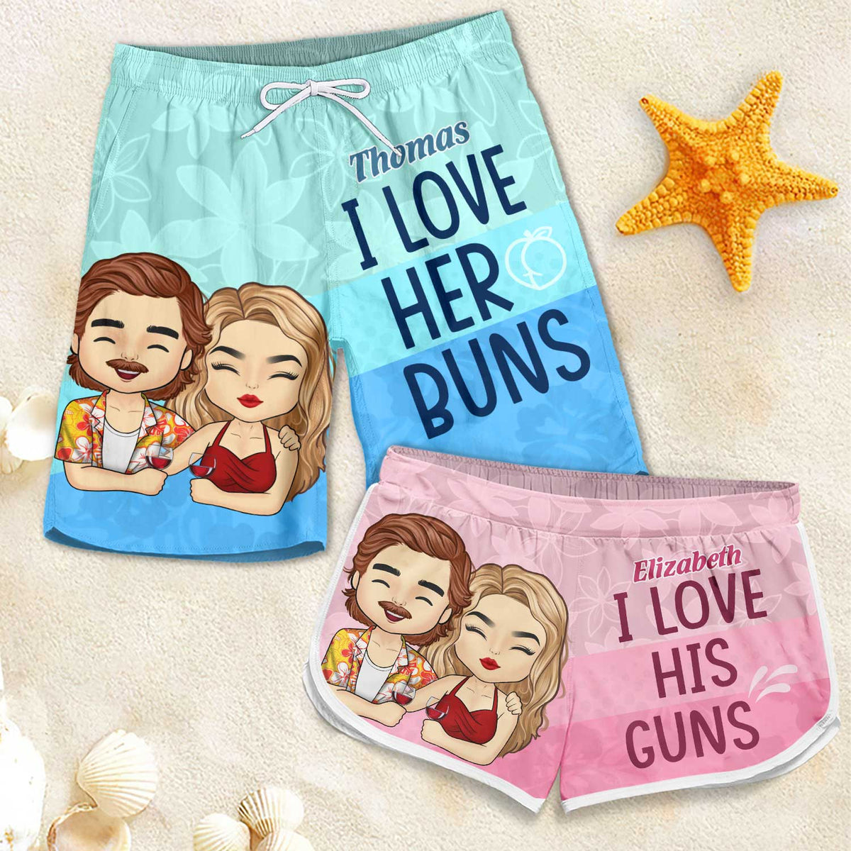J'adore ses petits pains, j'adore ses armes - Short de plage personnalisé pour couple - Cadeau pour couple, mari et femme