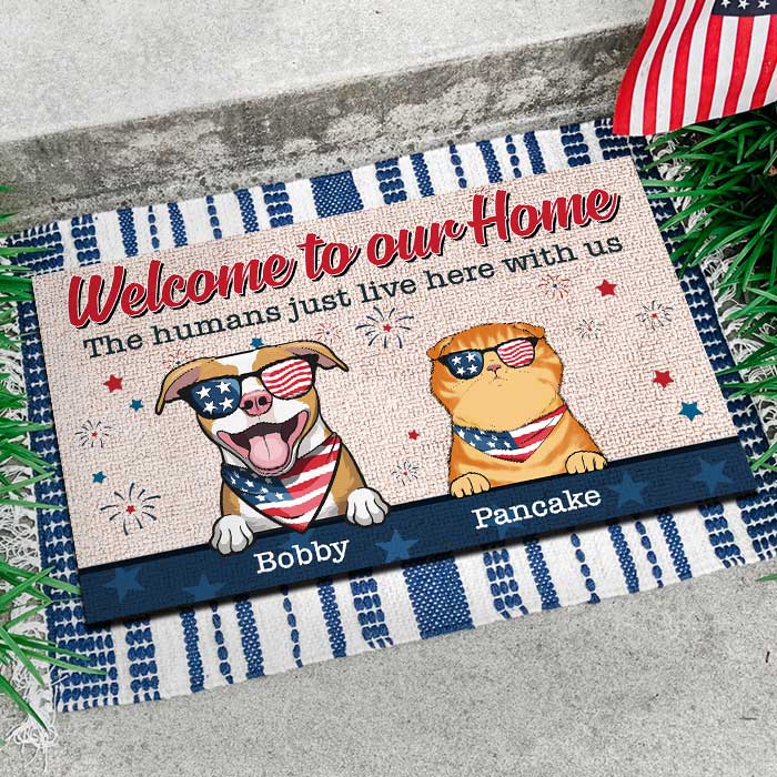 Welcome To Our Home - 4th Of July Funny Personalized Pet Decorative Mat (Cat & Dog).