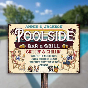 Bar et grill au bord de la piscine - Plaque métallique personnalisée - Cadeau pour couple, mari et femme