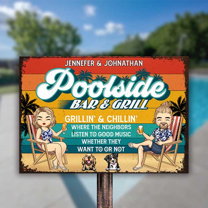 Grillades et détente au bord de la piscine - Plaque métallique personnalisée - Cadeau pour couple, mari et femme