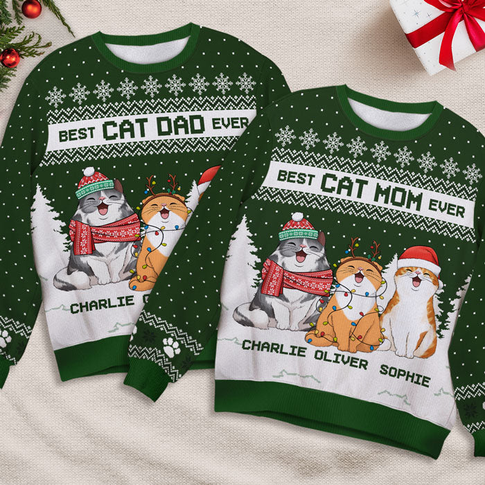 Joyeux Noël, meilleur papa chat, meilleur maman chat ! Sweat-shirt personnalisé et moche pour chat ! Pull unisexe en laine ! Cadeau de Noël pour les propriétaires et les amoureux des animaux.