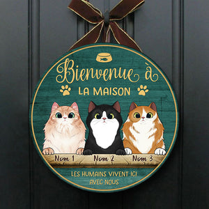 Bienvenue À La Maison - Plaque De Porte Humoristique De Chien À Personnaliser, Funny Personalized Cat Door Sign French.