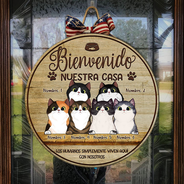 Bienvenido A Mi Casa - Letrero de puerta de gato personalizado y divertido, Funny Personalized Cat Door Sign Spanish.