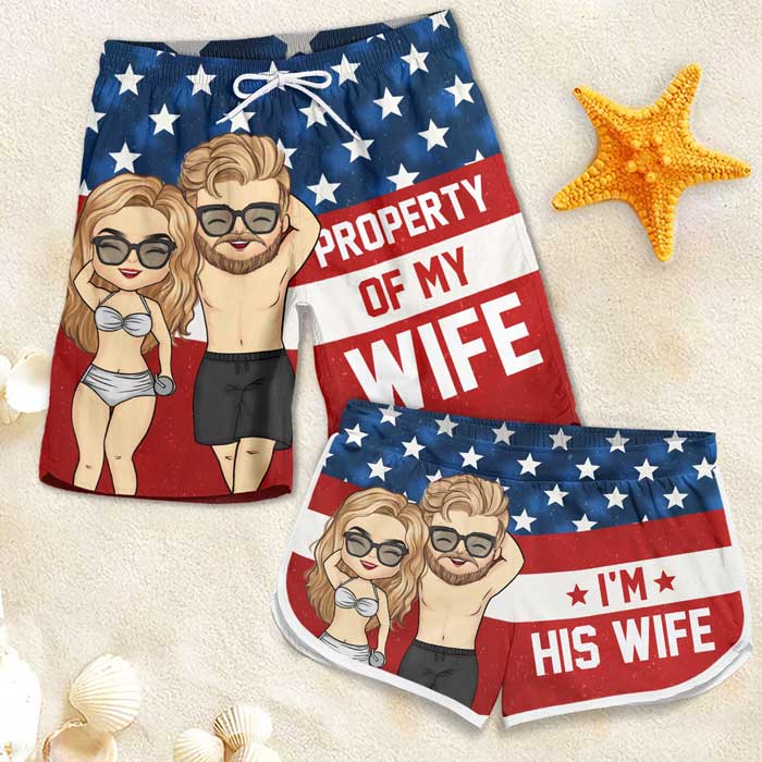 Propriété de ma femme - Short de plage personnalisé pour couple - Cadeau pour couple, mari et femme