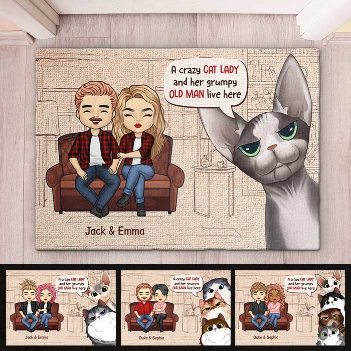A Crazy Cat Lady And Her Grumpy Old Man Live Here - Gift For Cat Lovers, Personalized Decorative Mat.