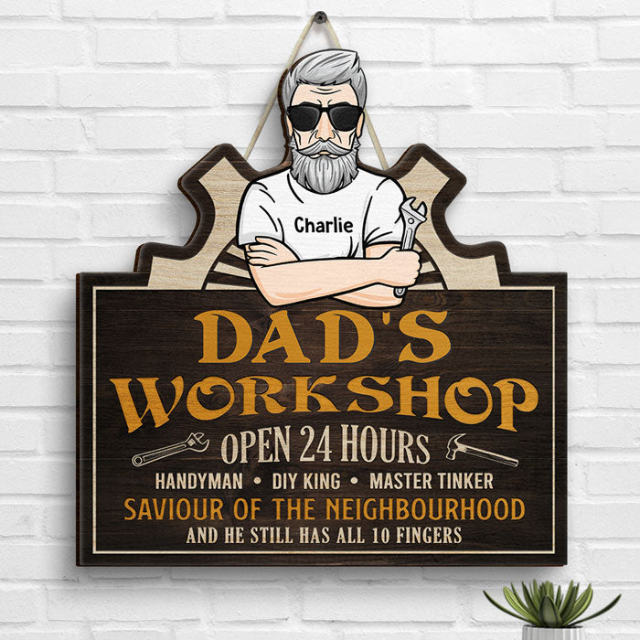 Atelier de papa, ouvert 24h/24 - Cadeau pour papa, grand-père - Panneau en bois personnalisé