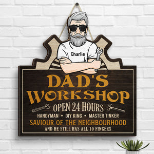 Atelier de papa, ouvert 24h/24 - Cadeau pour papa, grand-père - Panneau en bois personnalisé