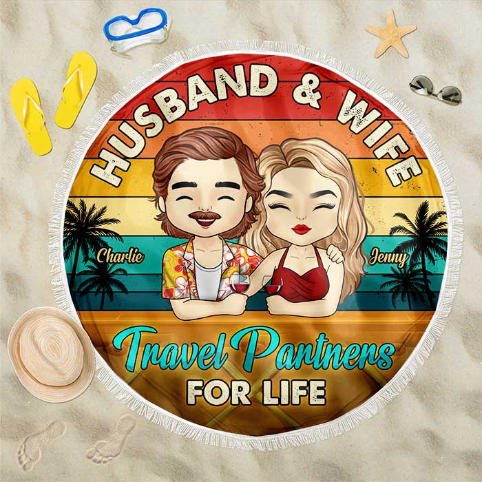Partenaires de voyage pour la vie - Serviette de plage ronde personnalisée - Cadeau pour couple, mari et femme