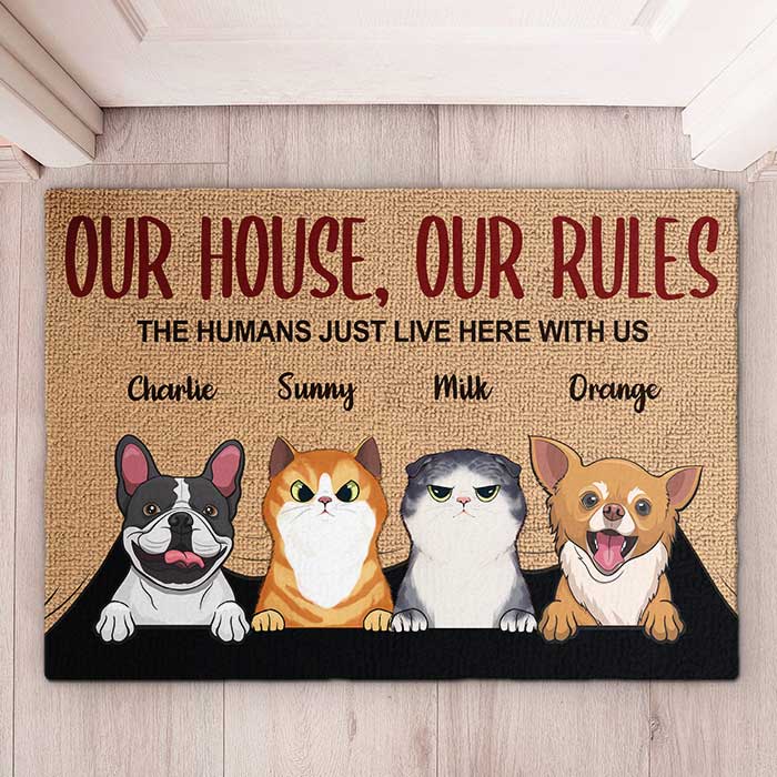 Notre maison, nos règles - Tapis décoratif personnalisé - Cadeau pour les amoureux des animaux