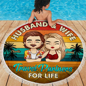 Partenaires de voyage pour la vie - Serviette de plage ronde personnalisée - Cadeau pour couple, mari et femme