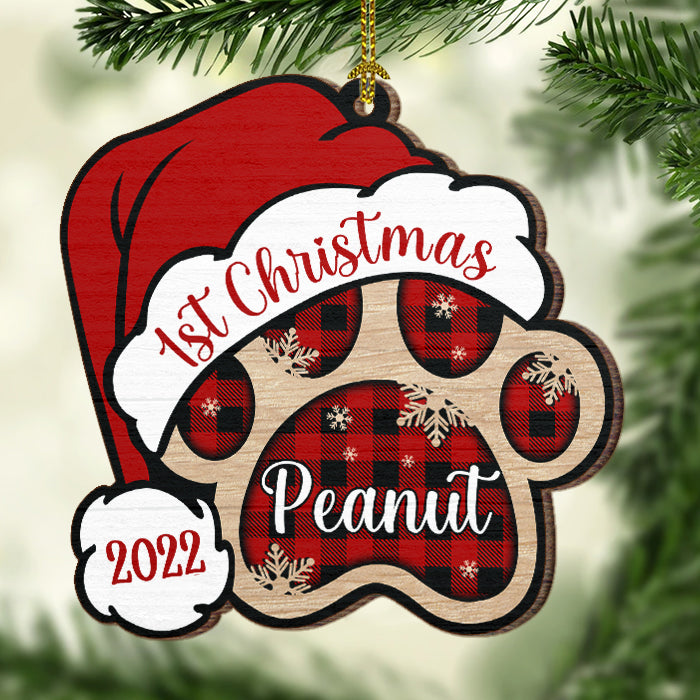 Patte de chien - Joyeux et heureux - Décoration de Noël en bois personnalisée en forme de patte