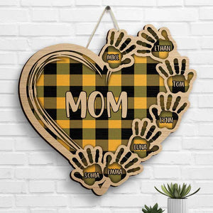 Grandma Plaid Heart And Hand Prints - Gift For Mom, Grandma - Personalized Shaped Wood Sign.