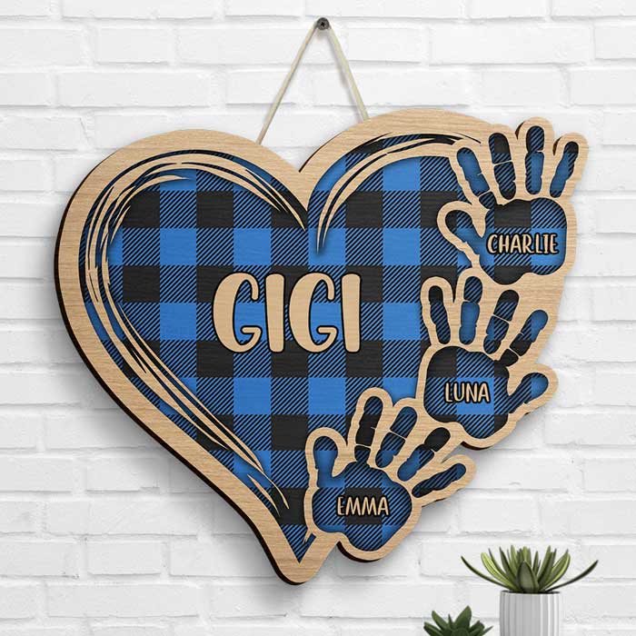 Grandma Plaid Heart And Hand Prints - Gift For Mom, Grandma - Personalized Shaped Wood Sign.