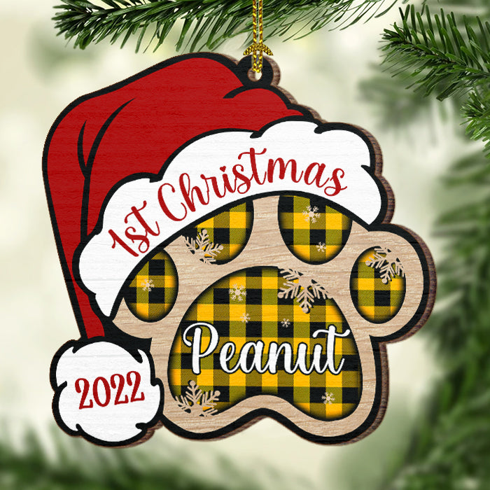 Patte de chien - Joyeux et heureux - Décoration de Noël en bois personnalisée en forme de patte