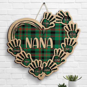 Grandma Plaid Heart And Hand Prints - Gift For Mom, Grandma - Personalized Shaped Wood Sign.