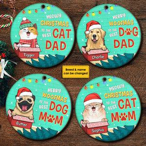 Meowy Woofmas To The Best Mom And Dad - Personalized Round Ornament.