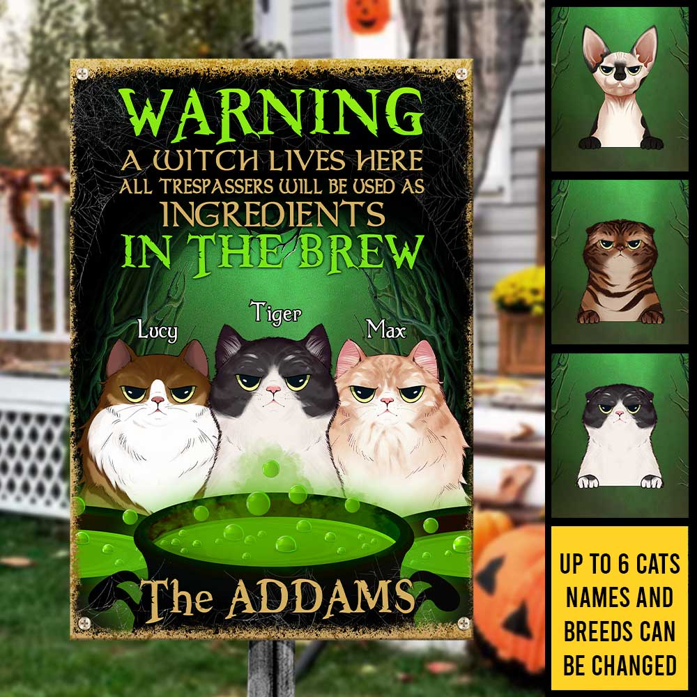 Halloween For Cats - A Witch Lives Here - All Trespassers Will Be Used As Ingredients - Personalized Metal Sign, Halloween Ideas.