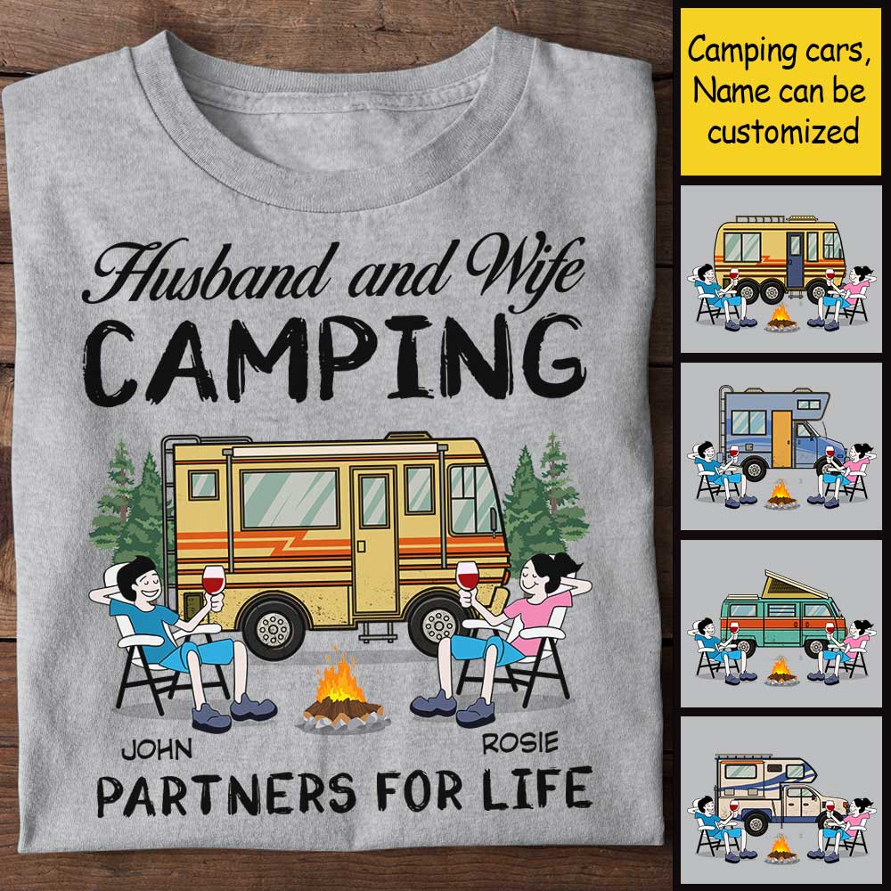 Husband And Wife, Camping Partner For Life - Personalized Unisex T-Shirt.